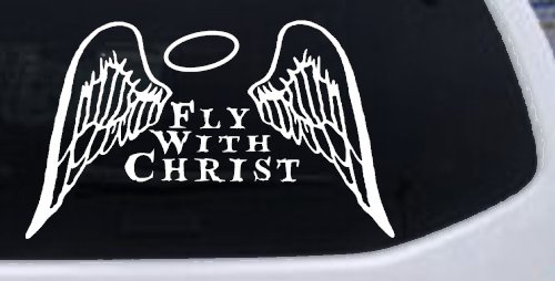 Fly With Christ Halo and Angel Wings Christian Car or Truck Window Decal Sticker (White)