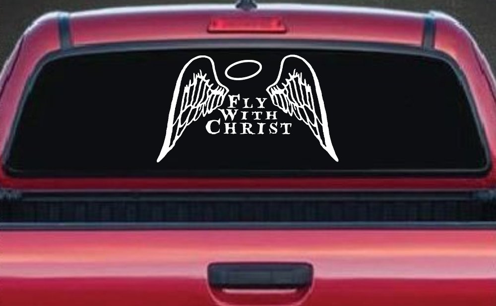 Fly With Christ Halo Angel Wings Christian Car Truck Window Vinyl Decal (White)