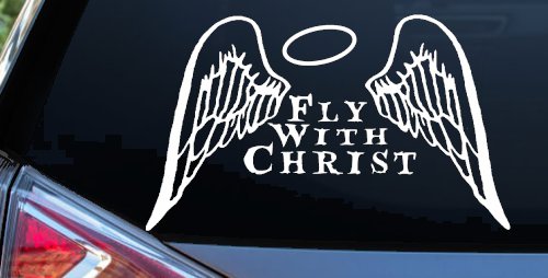 Fly With Christ Halo Angel Wings Christian Car Truck Window Vinyl Decal (White)