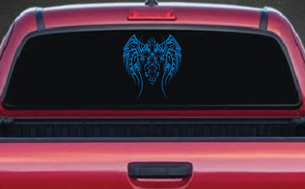Tribal Wings and Cross Christian Car or Truck Window Decal Sticker (Sky Blue)