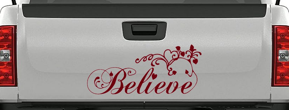 Believe with Swirls and Hearts Christian Car or Truck Window Decal Sticker (Burgundy)