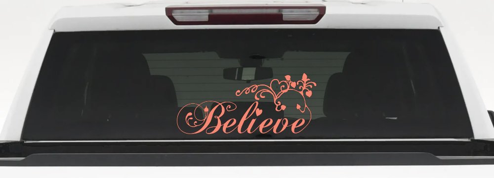 Believe with Swirls and Hearts Christian Car or Truck Window Decal Sticker (Coral)