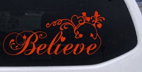 Believe with Swirls and Hearts Christian Car or Truck Window Decal Sticker (Orange Red)