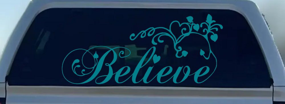 Believe with Swirls and Hearts Christian Car or Truck Window Decal Sticker (Turquoise Blue)
