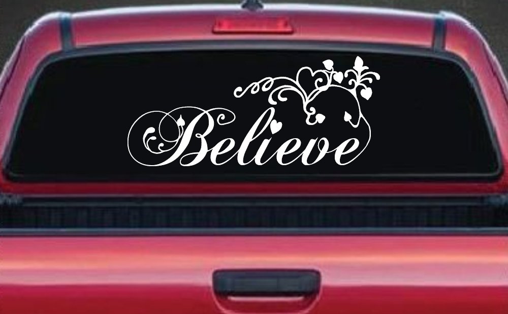 Believe with Swirls and Hearts Christian Car or Truck Window Decal Sticker