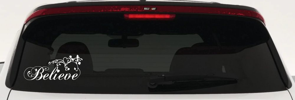 Believe with Swirls and Hearts Christian Car or Truck Window Decal Sticker