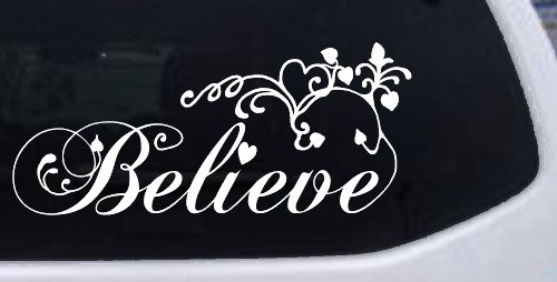 Believe with Swirls and Hearts Christian Car or Truck Window Decal Sticker (White)