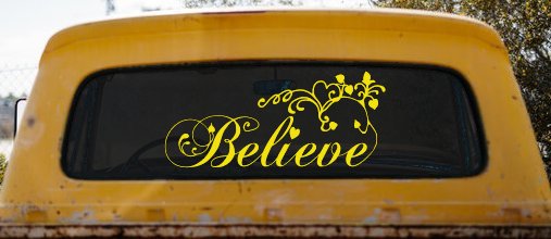 Believe with Swirls and Hearts Christian Car or Truck Window Decal Sticker