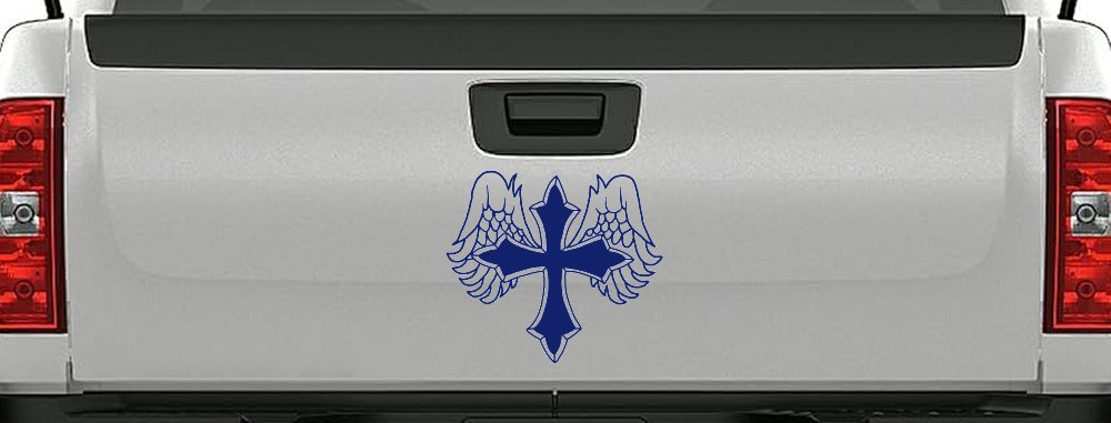 Cross With Angel Wings Christian Car or Truck Window Decal Sticker (Navy)