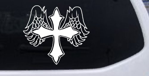 Cross With Angel Wings Christian Car or Truck Window Decal Sticker (White)