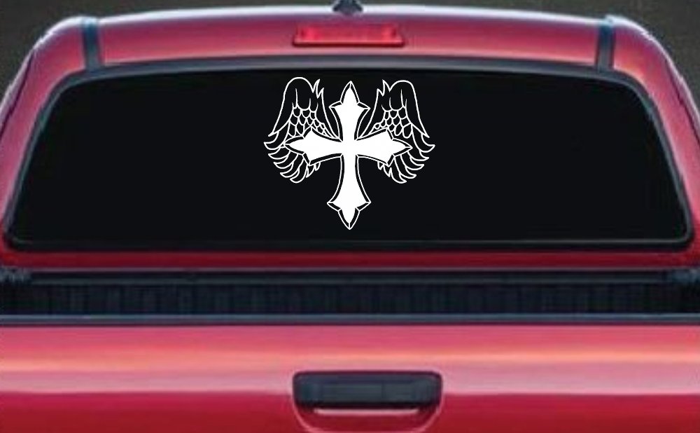 Cross With Angel Wings Christian Car or Truck Window Decal Sticker (White)