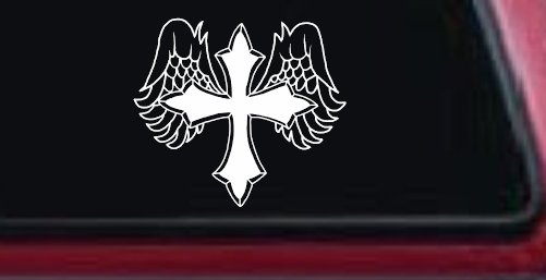 Cross With Angel Wings Christian Car or Truck Window Decal Sticker (White)