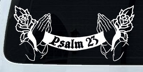 Psalm 23 Scroll with Praying Hands and Roses Christian Car or Truck Window Decal Sticker (White)