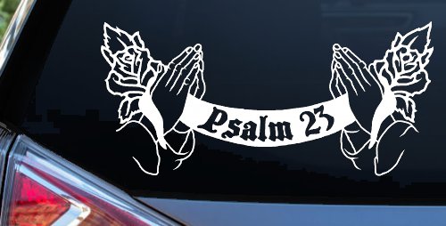 Psalm 23 Scroll Praying Hands Roses Christian Car Truck Window Decal (White)