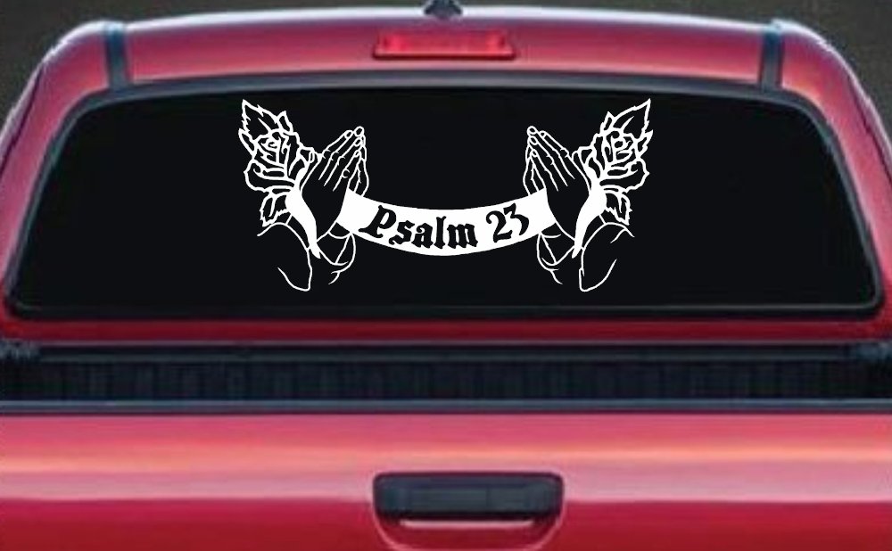 Psalm 23 Scroll with Praying Hands and Roses Christian Car or Truck Window Decal Sticker