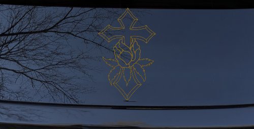Cross With Rose Christian Car or Truck Window Decal Sticker (Gold)