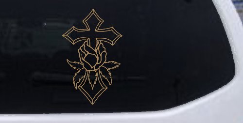 Cross With Rose Christian Car or Truck Window Decal Sticker (Light Brown)