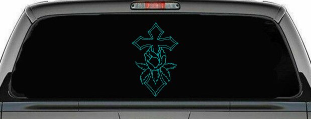 Cross With Rose Christian Car or Truck Window Decal Sticker (Turquoise)