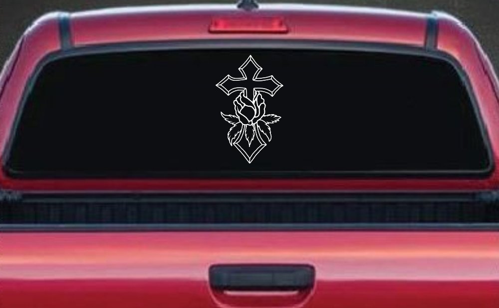 Cross With Rose Christian Car or Truck Window Decal Sticker (White)