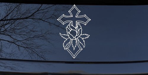 Cross With Rose Christian Car or Truck Window Decal Sticker (White)