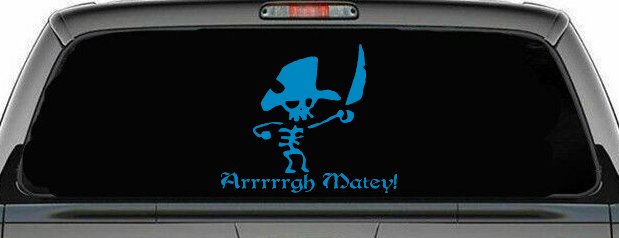 Cute Pirate Skeleton Skulls Car Truck Window Decal Sticker Arrr Matey (Blue)