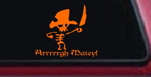 Cute Pirate Skeleton Arrrrrgh Matey Skulls Car or Truck Window Decal Sticker (Orange)