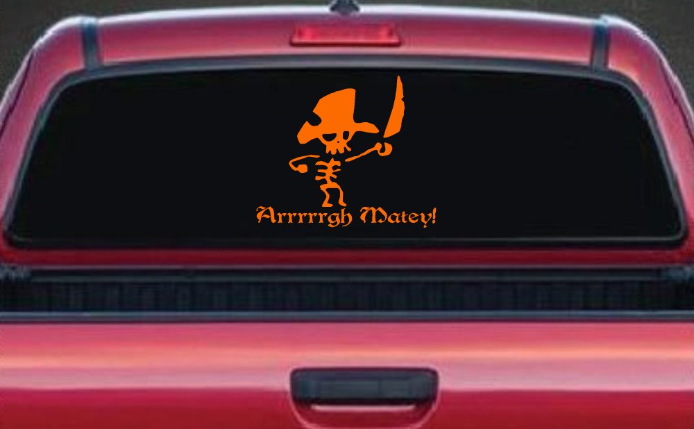 Cute Pirate Skeleton Arrrrrgh Matey Skulls Car or Truck Window Decal Sticker (Orange)