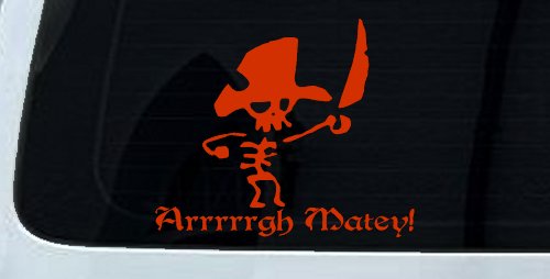 Cute Pirate Skeleton Arrrrrgh Matey Skulls Car or Truck Window Decal Sticker (Orange Red)
