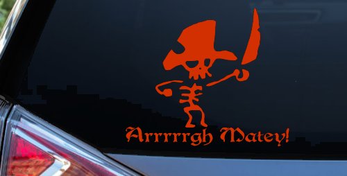 Cute Pirate Skeleton Arrrrrgh Matey Skulls Car or Truck Window Decal Sticker (Orange Red)