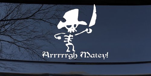 Cute Pirate Skeleton Skulls Car Truck Window Decal Sticker Arrr Matey (White)