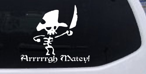 Cute Pirate Skeleton Arrrrrgh Matey Skulls Car or Truck Window Decal Sticker (White)
