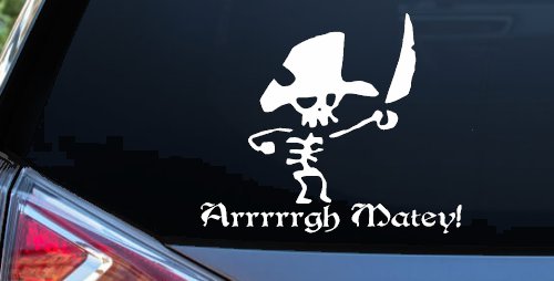 Cute Pirate Skeleton Arrrrrgh Matey Skulls Car or Truck Window Decal Sticker (White)