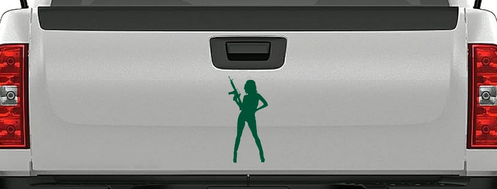 Girl With AR15 Gun Car or Truck Window Decal Sticker (Dark Green)