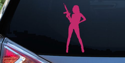 Girl With AR15 Gun Car or Truck Window Decal Sticker (Hot Pink)