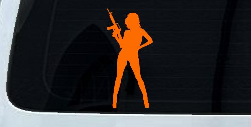 Girl With AR15 Gun Car or Truck Window Decal Sticker (Orange)