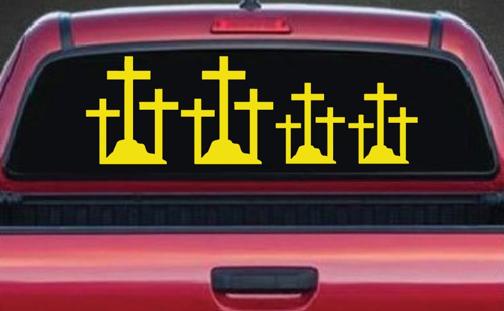 Christian 3 Crosses Stick Family Car or Truck Window Vinyl Decal Sticker (Yellow)