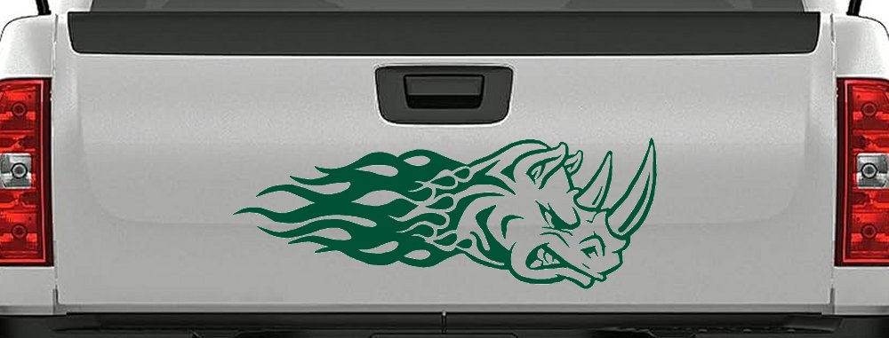 Flaming Rhino Head Car or Truck Window Decal Sticker (Dark Green)