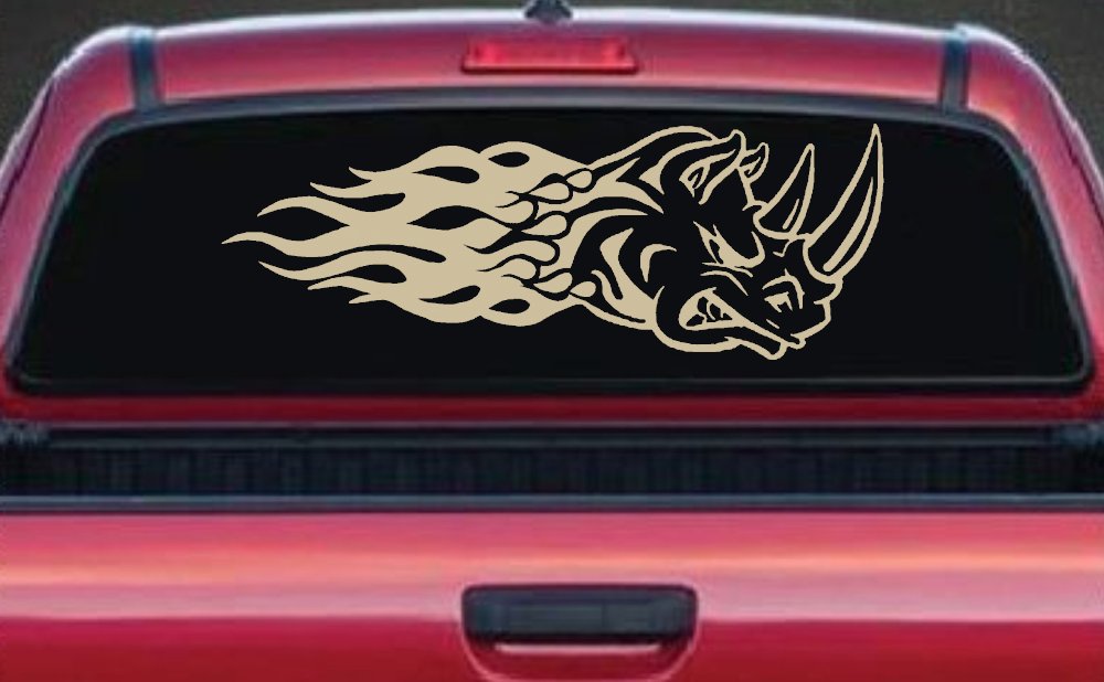 Flaming Rhino Head Car or Truck Window Decal Sticker (Desert Sand)
