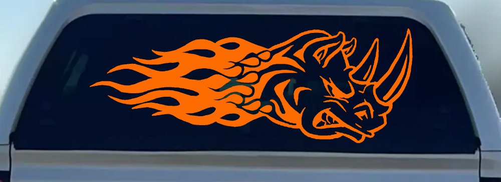 Flaming Rhino Head Car or Truck Window Decal Sticker (Orange)