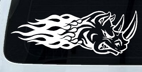 Flaming Rhino Head Car or Truck Window Decal Sticker (White)