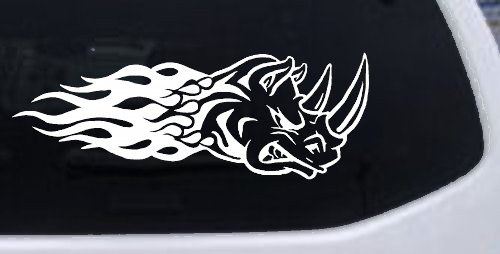 Flaming Rhino Head Decal for Car Truck Window Vinyl Sticker (White)