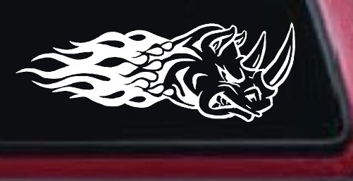 Flaming Rhino Head Car or Truck Window Decal Sticker (White)