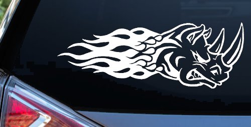 Flaming Rhino Head Car or Truck Window Decal Sticker (White)