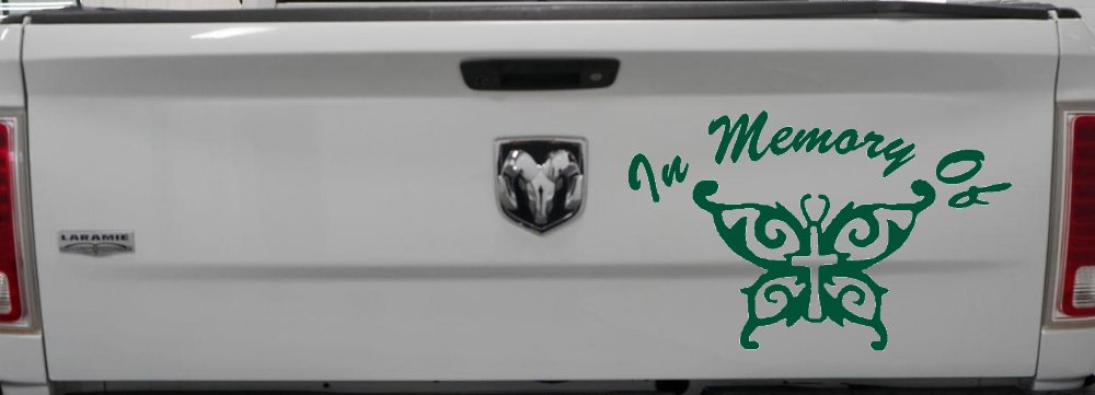 In Memory Of Cross Butterfly Butterflies Car or Truck Window Decal Sticker (Dark Green)