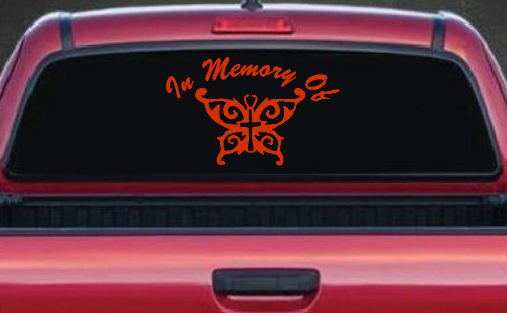 In Memory Of Cross Butterfly Butterflies Car or Truck Window Decal Sticker (Orange Red)
