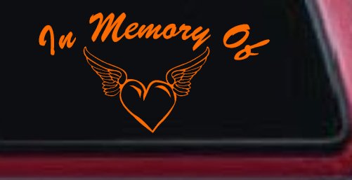 In Memory Of Heart With Wings Christian Car or Truck Window Decal Sticker (Orange)