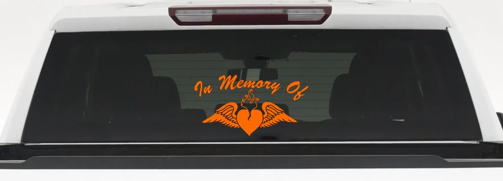 In Memory Of Heart With Wings Christian Car or Truck Window Decal Sticker (Orange)