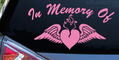 In Memory Of Heart With Wings Christian Car or Truck Window Decal Sticker (Pink)