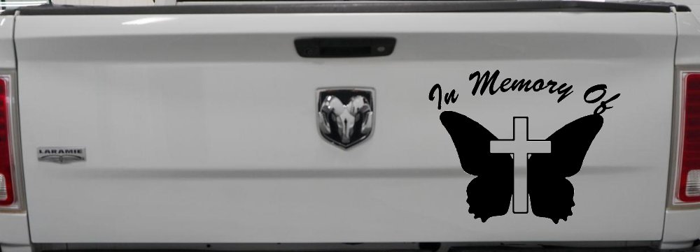 In Memory Of Butterfly with Cross Car or Truck Vinyl Window Decal Sticker (Black)