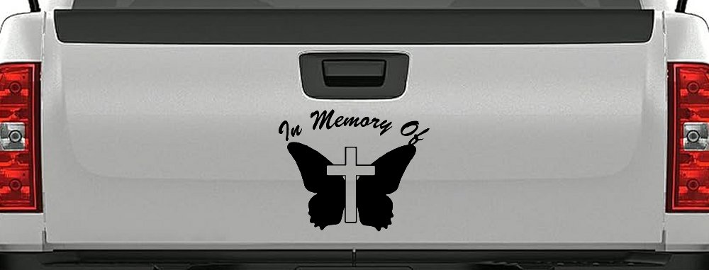 In Memory Of Butterfly with Cross Christian Car or Truck Window Decal Sticker (Black)